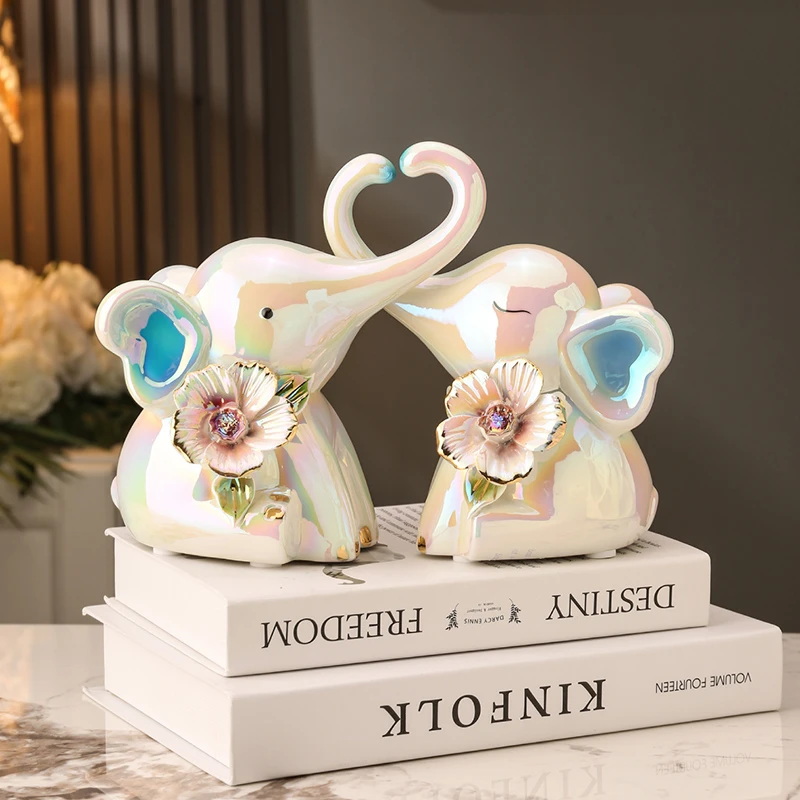 陶瓷情侣大象摆件一对客厅软装饰品酒柜电视柜乔迁新居轻奢工艺品