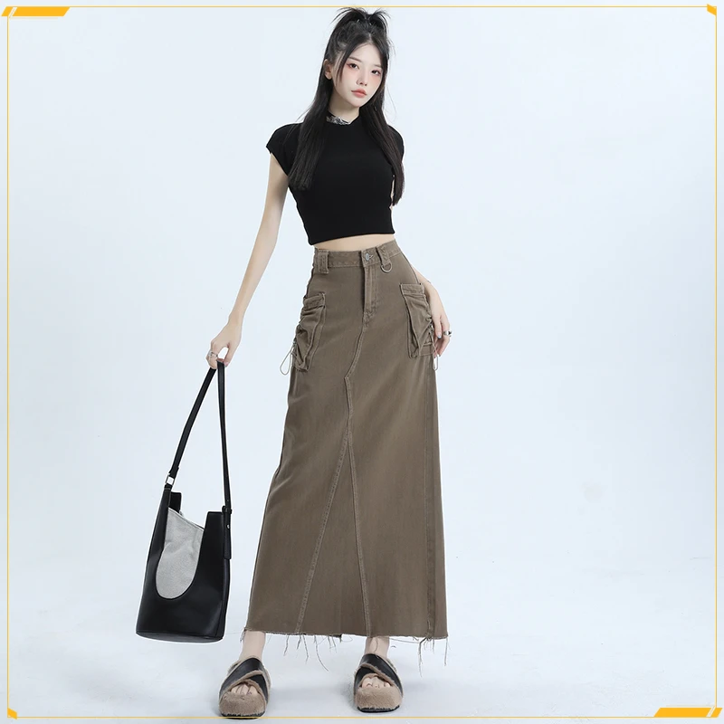 咖啡色牛仔半身裙女2023年早秋新款高腰显瘦中长款辣妹开叉工装裙