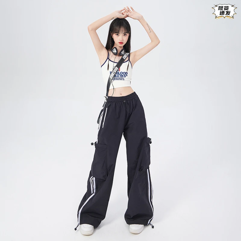 美式速干阔腿工装裤女夏季薄款冰丝三条杠高腰爵士休闲直筒运动裤