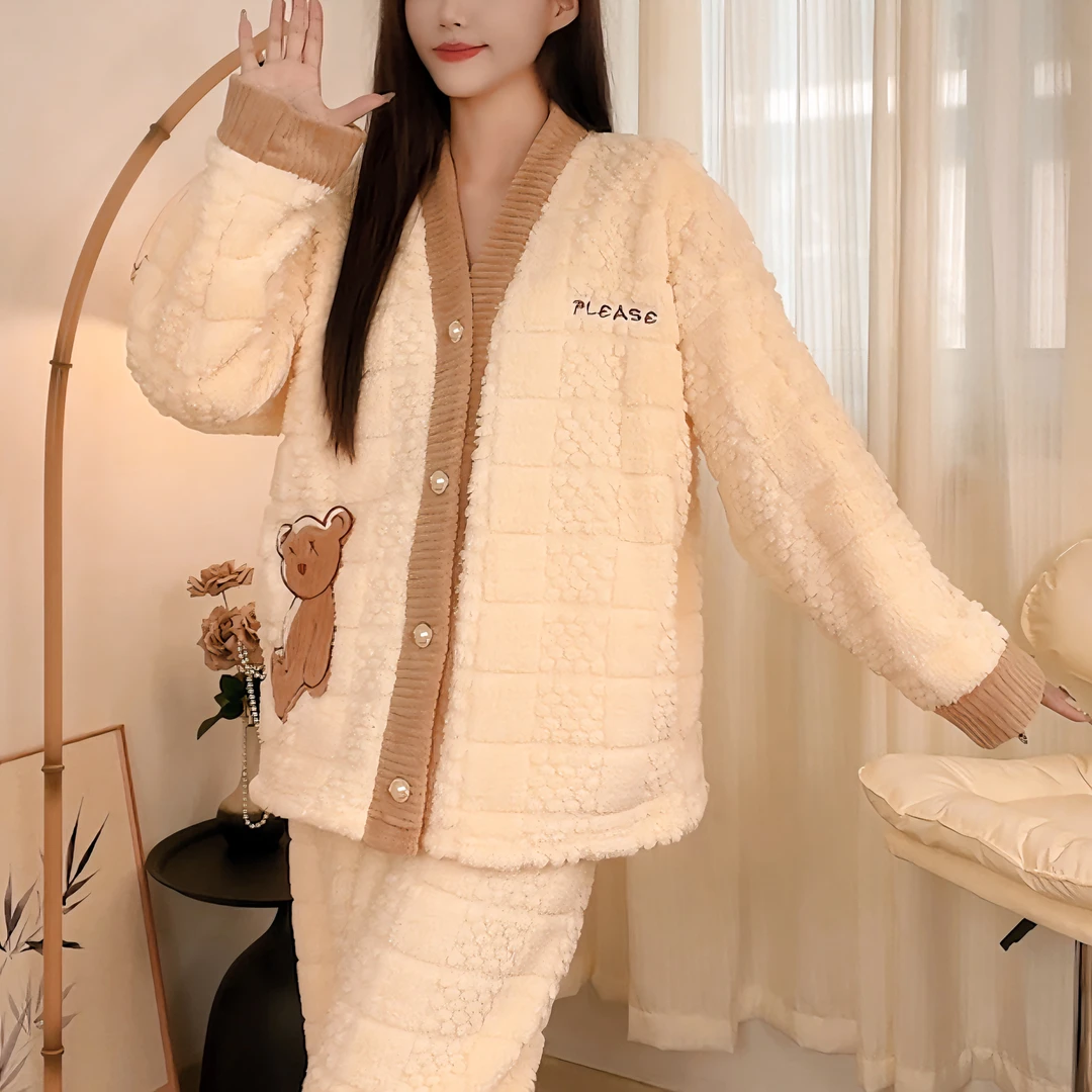 网红过冬2024睡衣女秋冬天加绒加厚珊瑚绒家居服保暖套装宽松甜美