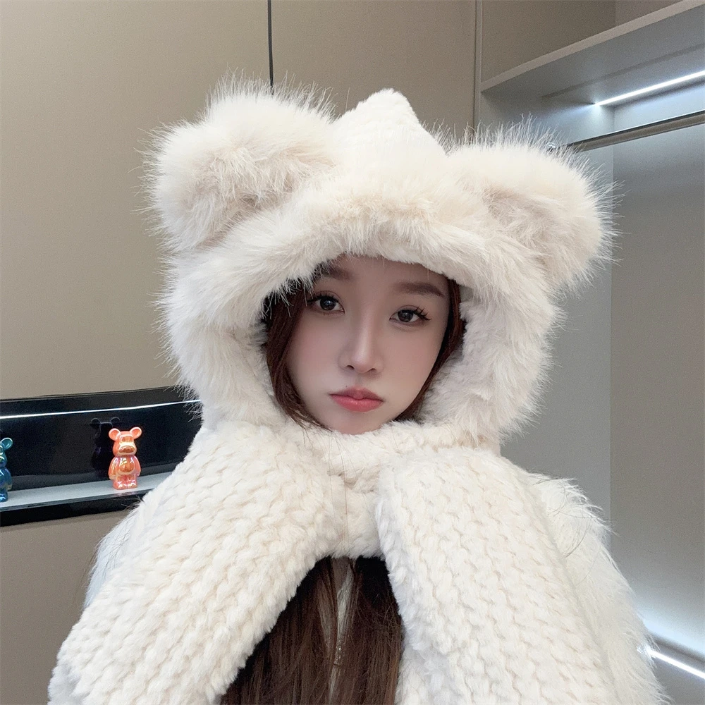 【大妮】毛绒可爱小熊帽子围巾手套三件套女冬骑行防风保暖帽