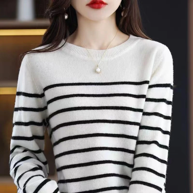 2023春季新款针织羊毛衫女圆领条纹拼色毛衣内搭套头打底纯羊毛衫
