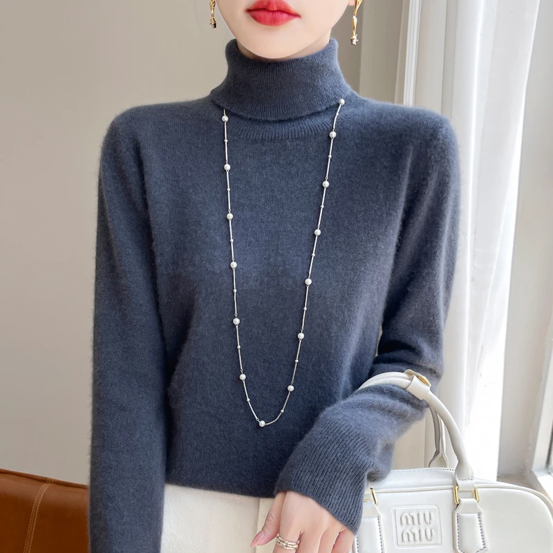 澳洲全羊毛衫女高翻领纯色套头毛衣针织打底衫蓝色宽松百搭新款