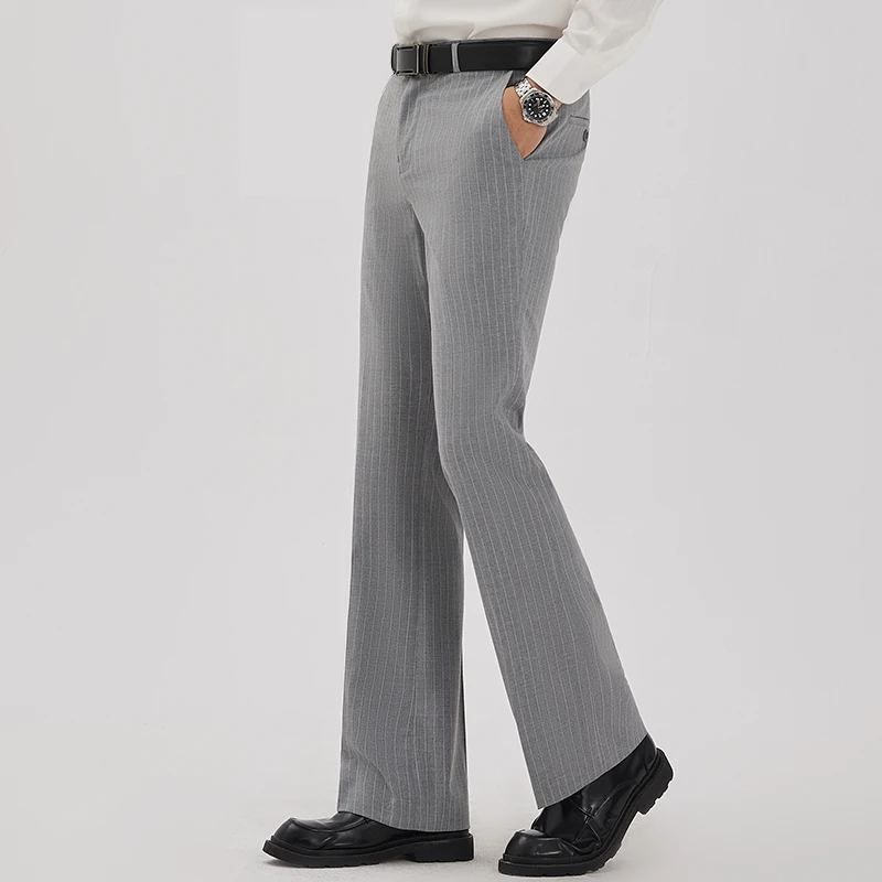 TEEMZI薄款弹力条纹喇叭裤男青年修身垂感阔腿西装裤夏季休闲男裤