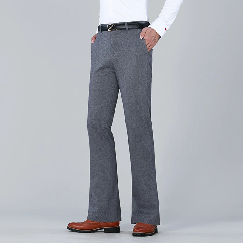 冬季加绒人字纹喇叭裤男商务修身厚款大脚西装裤青年休闲弹力男裤