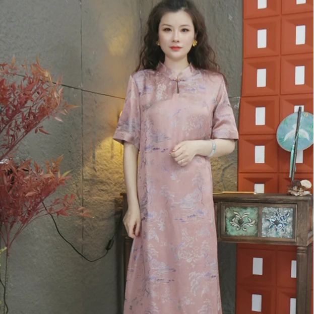 新款夏季立领中长款国风中式香云纱优雅气质时尚显瘦印花连衣裙