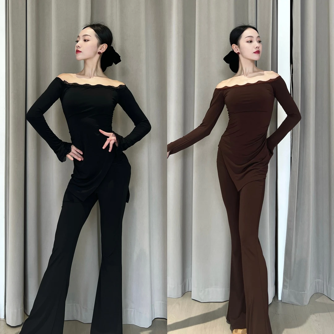 JIADANCE新款蕾丝一字肩上衣黑棕色套装长袖拉丁练功服成人女