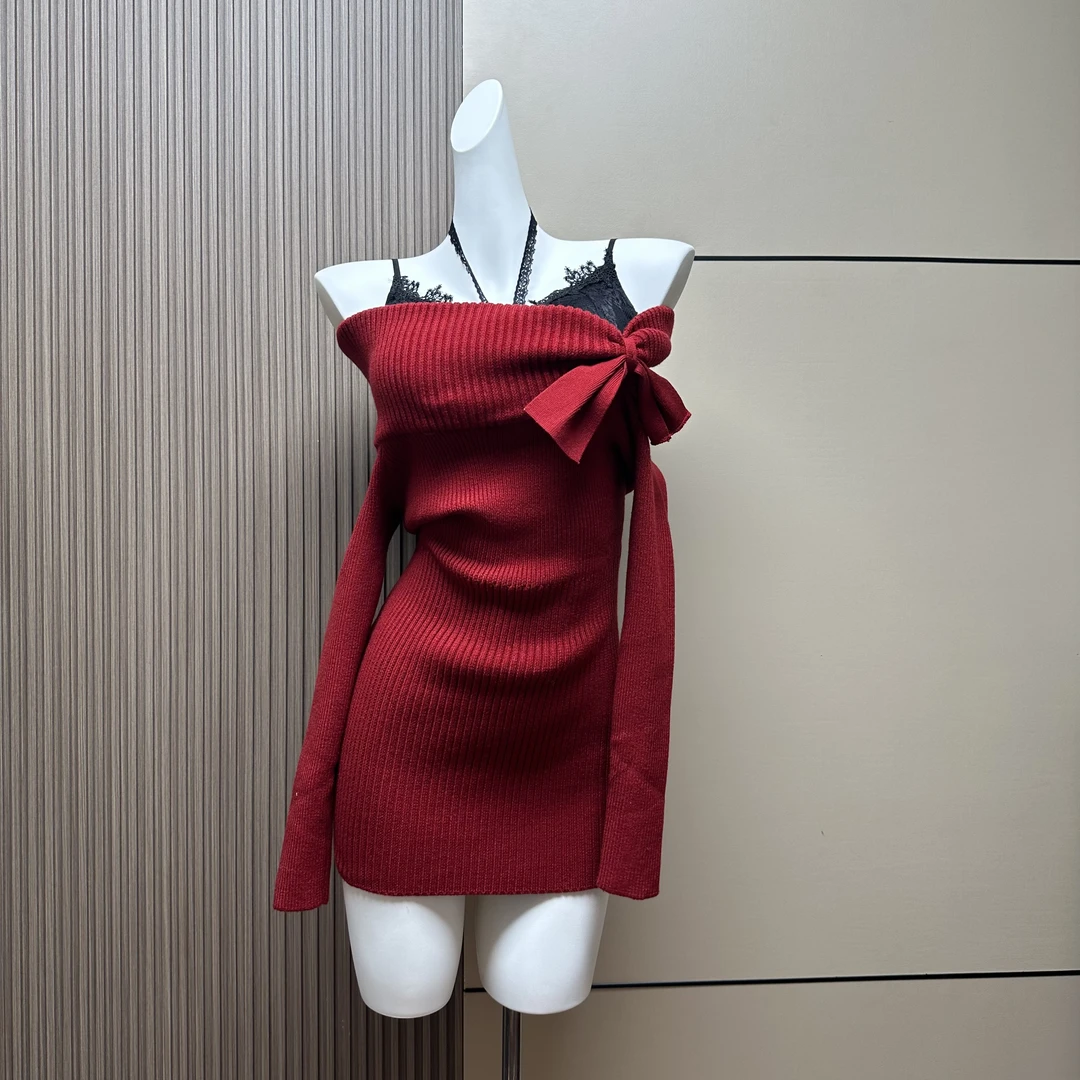 辣妹显瘦收腰冬日恋人红色毛衣性感连衣裙