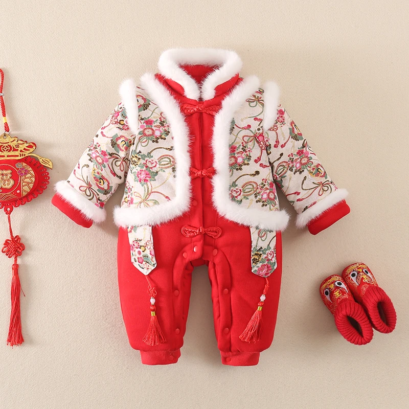 婴儿新年装拜年服外出抱衣冬装加绒加厚女宝宝过年衣服喜庆连体衣