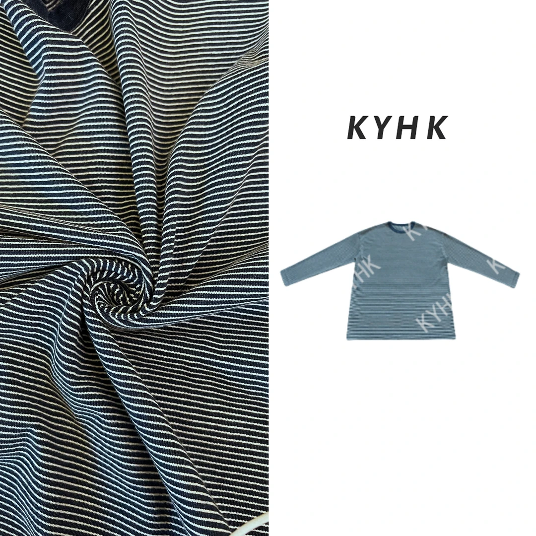 KYHK 复古休闲阔型蓝白条纹长袖T恤240737