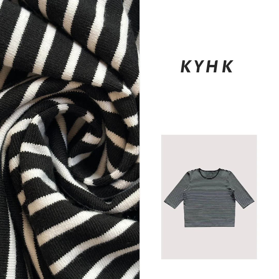 KYHK黑白细条纹打底上衣七分袖T恤240668