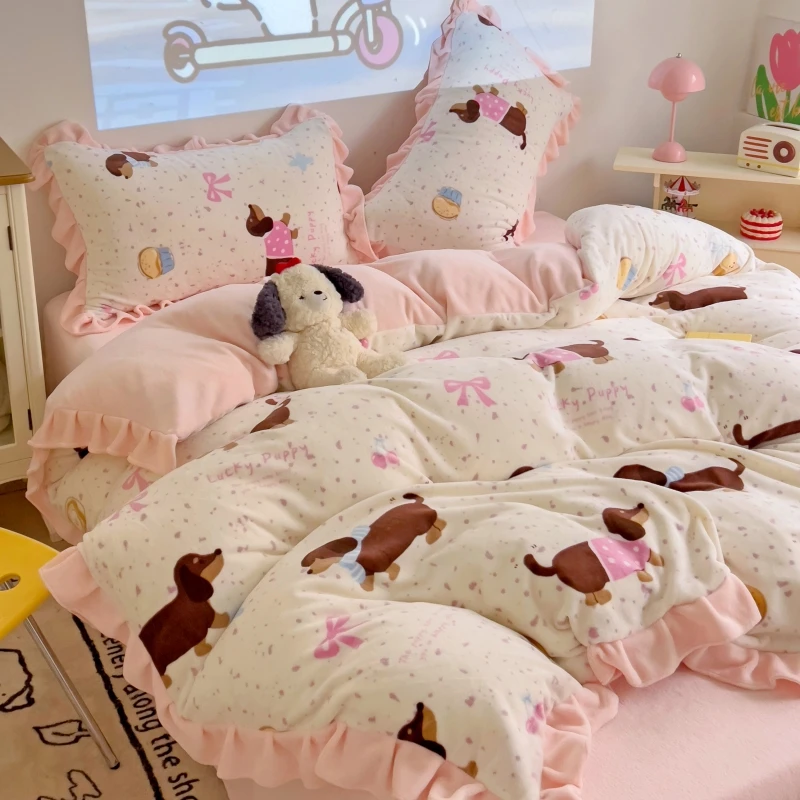 冬季卡通小清新花边款牛奶绒四件套加绒秋冬珊瑚绒被套单人三件套