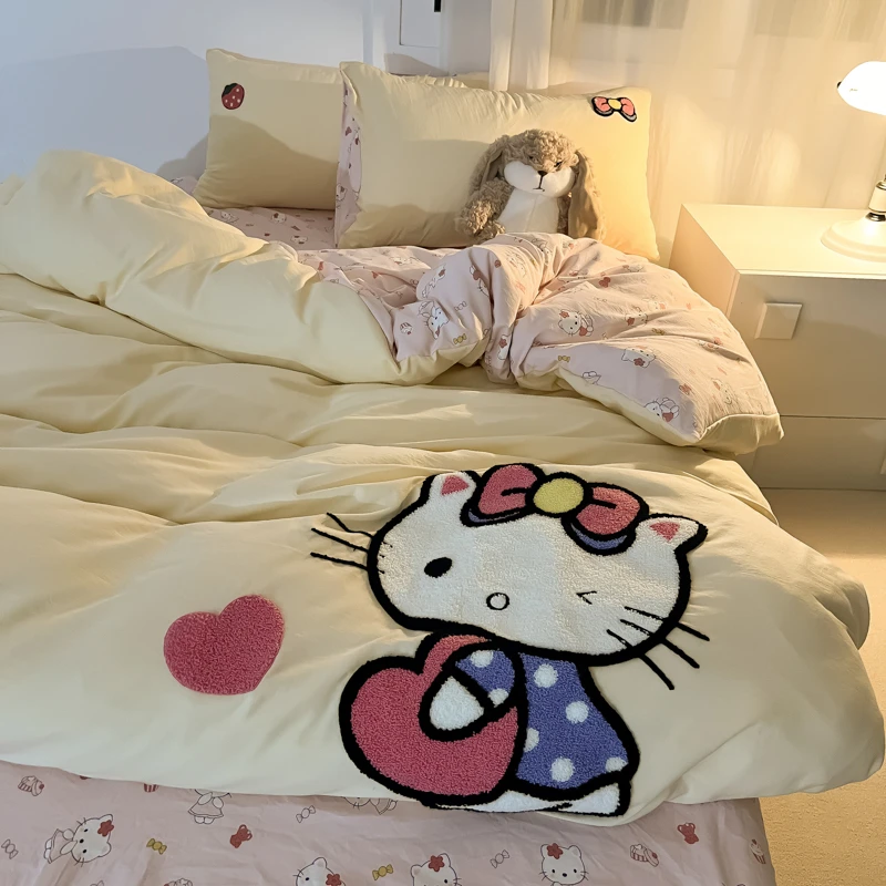 2024新款可爱少女心秋冬大版毛巾绣云朵棉四件套单人宿舍三件套笠