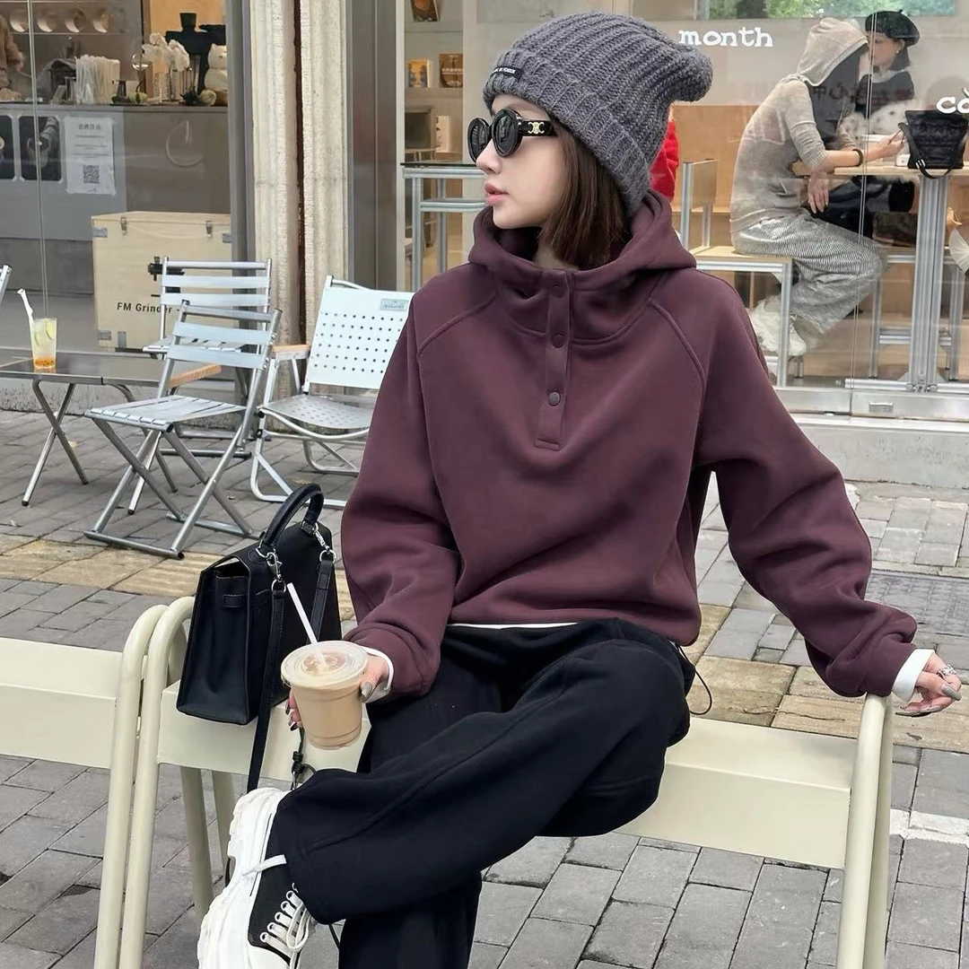 【单排扣连帽】加绒防风领连帽下摆抽绳卫衣秋冬新款C122