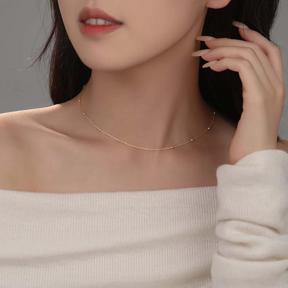 坠链均925银 小米珠项链纯银素链叠戴轻奢百搭法式简约圆珠锁骨链