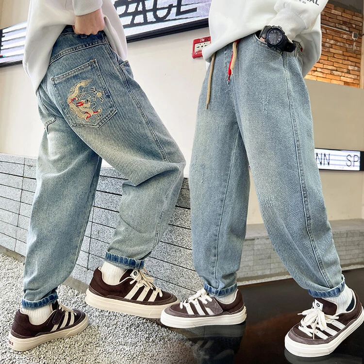 男童国风刺绣牛仔裤春秋季2024新款洋气儿童老爹裤子潮中大童长裤