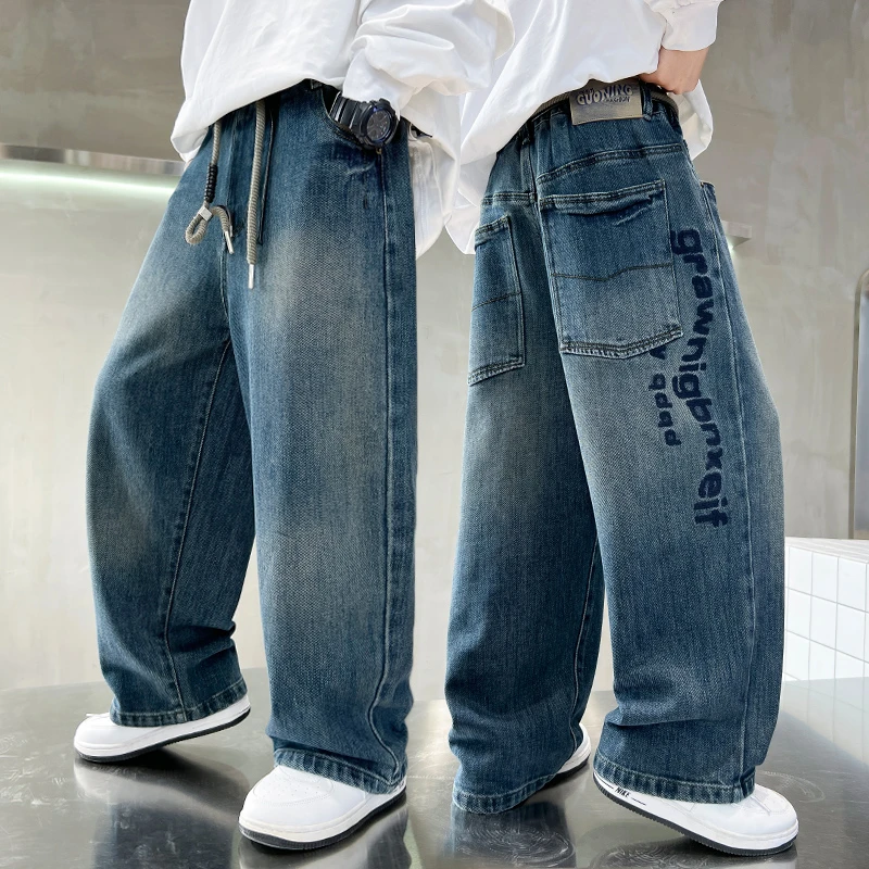 男童裤子春秋款2025新款中大童宽松阔腿裤春秋季儿童宽松牛仔裤潮
