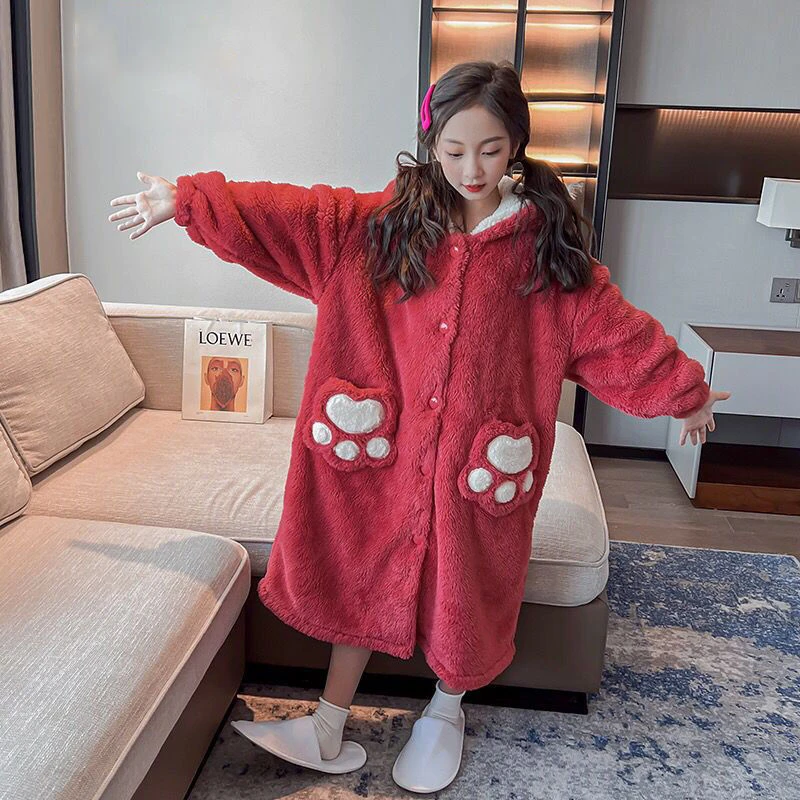 女童睡袍秋冬珊瑚绒加厚保暖2025新款中大童儿童长款睡衣套装浴袍