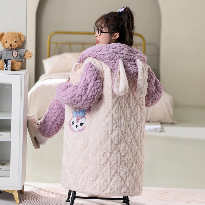 珊瑚绒三层夹棉睡衣女秋冬季加绒加厚连帽睡袍可爱浴袍家居服冬天