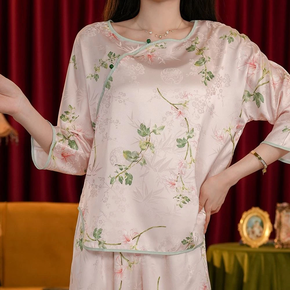 新款优雅中国风女士冰感睡衣夏季五分袖国风高档高级感家居服套装