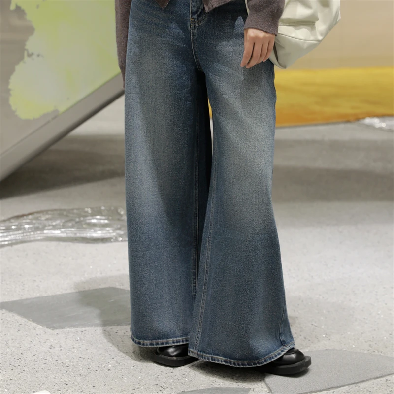 韩系秋冬复古水洗蓝纯棉牛仔裤直筒裤工装休闲时尚女士宽松显瘦