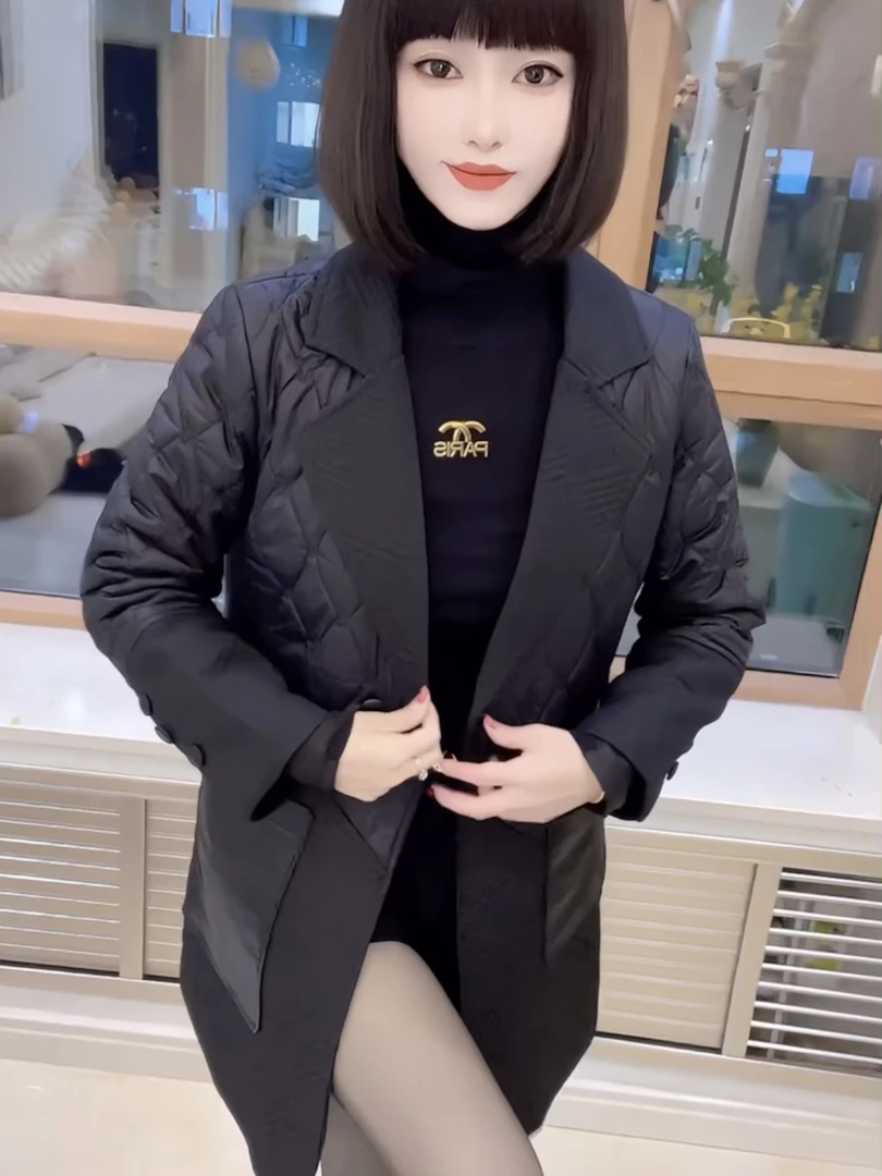 冬季网红爆款时尚显气质瘦高端洋气百搭西服领小众纯色女棉服外套