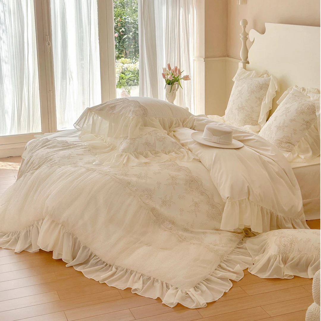 法式公主风全棉长绒棉四件套蕾丝花边纯棉被套少女心床上用品2030