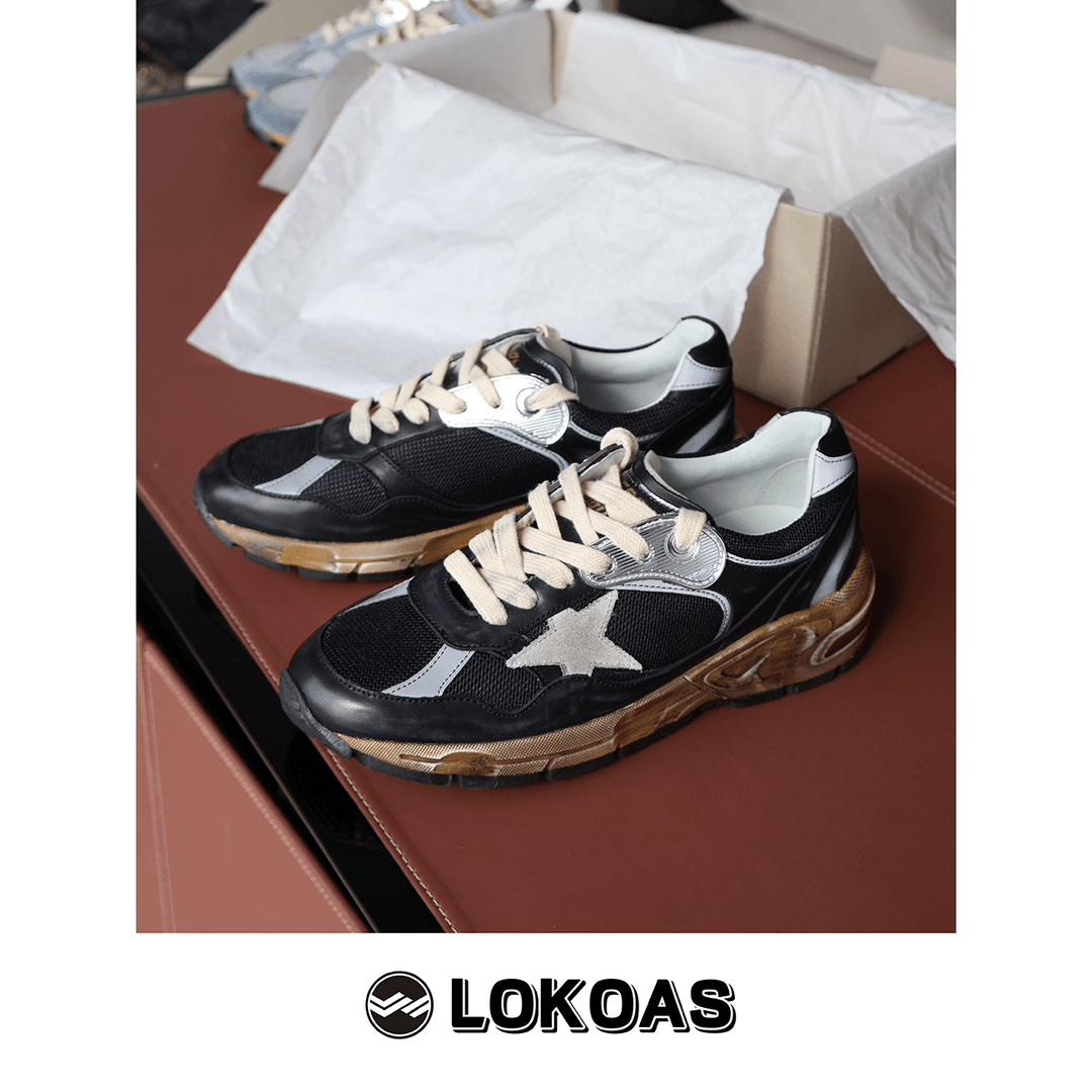 个性复古做旧黑色小牛皮老爹鞋星星小脏鞋网面运动休闲鞋情侣鞋