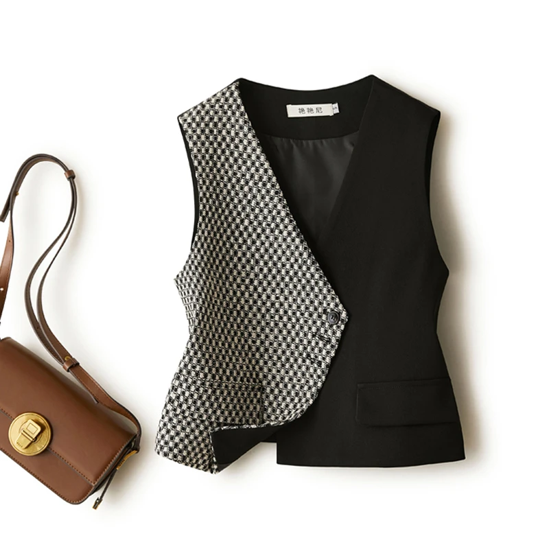 渐变丁达尔风休闲短款V领马甲女春秋新款时尚千鸟格拼色百搭马夹