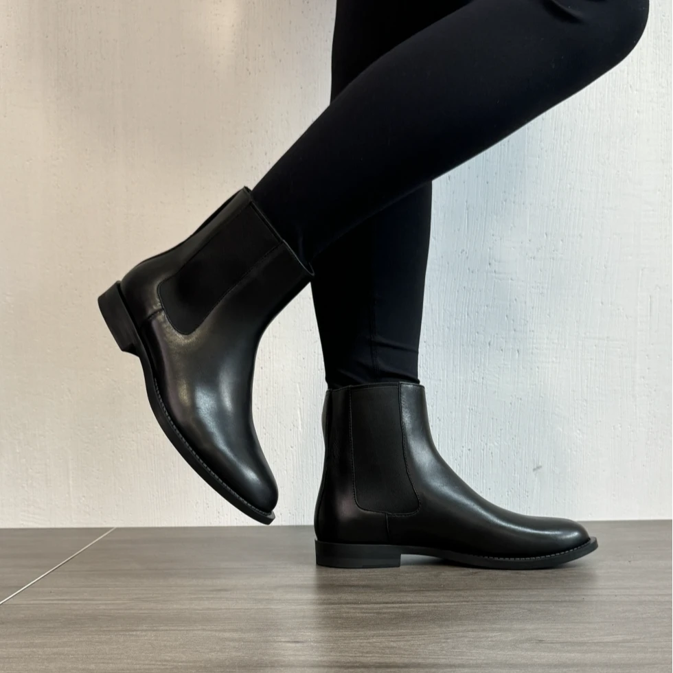 切尔西短靴女烟筒靴真皮方头中筒胎牛皮复古平底马丁靴 YS-1011