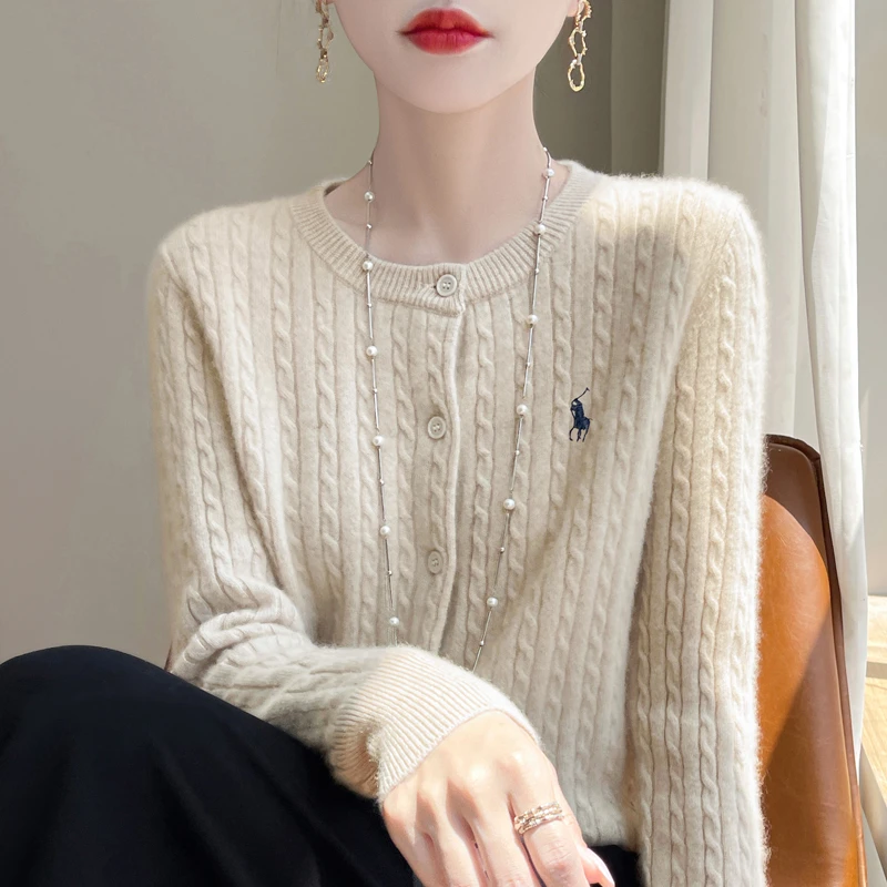 圆领针织开衫女秋冬新款100%纯羊毛麻花刺绣羊绒衫毛衣百搭上衣
