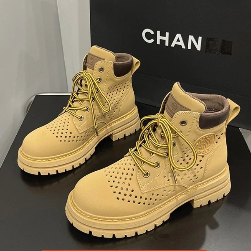 镂空冲孔马丁靴内增高大黄靴女2024夏季透气凉靴真皮休闲女式短靴