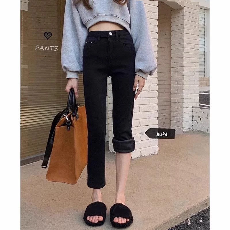 雪千羽黑色高腰加绒加厚牛仔裤女秋冬宽松窄版直筒外穿裤子烟管裤