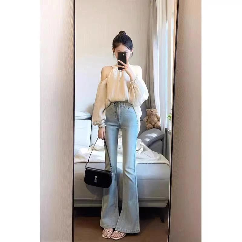 雪千羽浅色微喇牛仔裤女2025春秋新款小个子马蹄裤显瘦弹力拖地裤