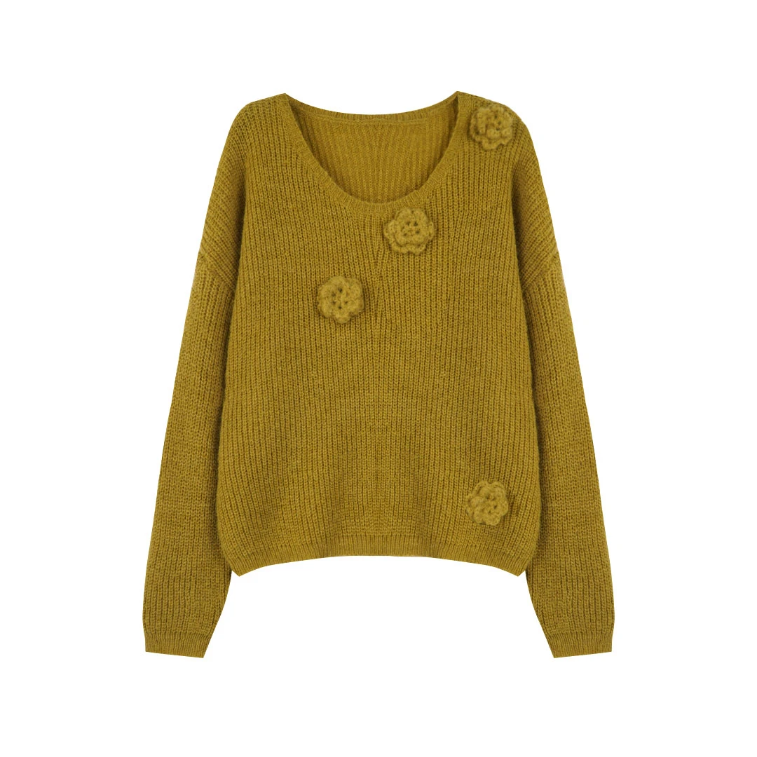 【折扣】YO定制设计感减龄宽松立体花朵毛衣秋冬时髦套头针织衫上衣