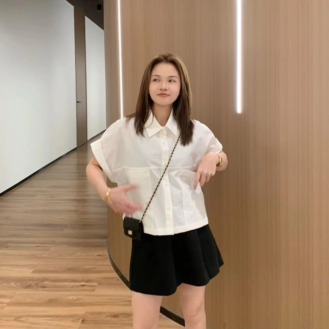 【折扣】YO定制韩版简约百搭无弹短袖衬衫夏季休闲纯色短款衬衣上衣