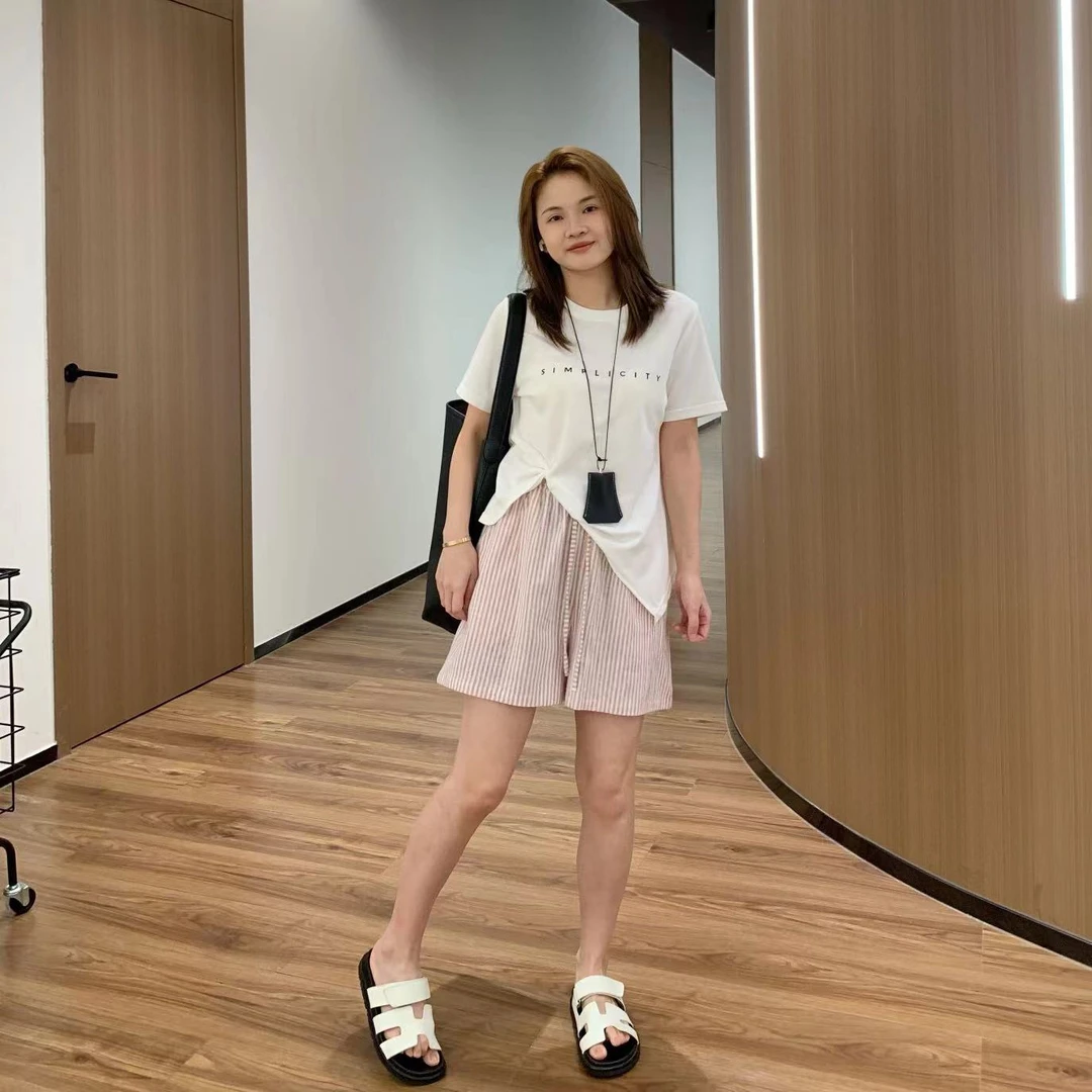 【折扣】YO定制休闲百搭松紧腰棉麻条纹短裤简约基础高腰阔腿裤子