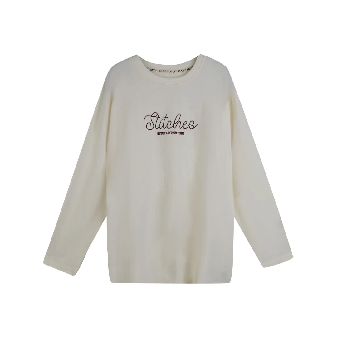 YO定制秋季慵懒风中长款字母刺绣长袖T恤简约宽松圆领打底衫上衣