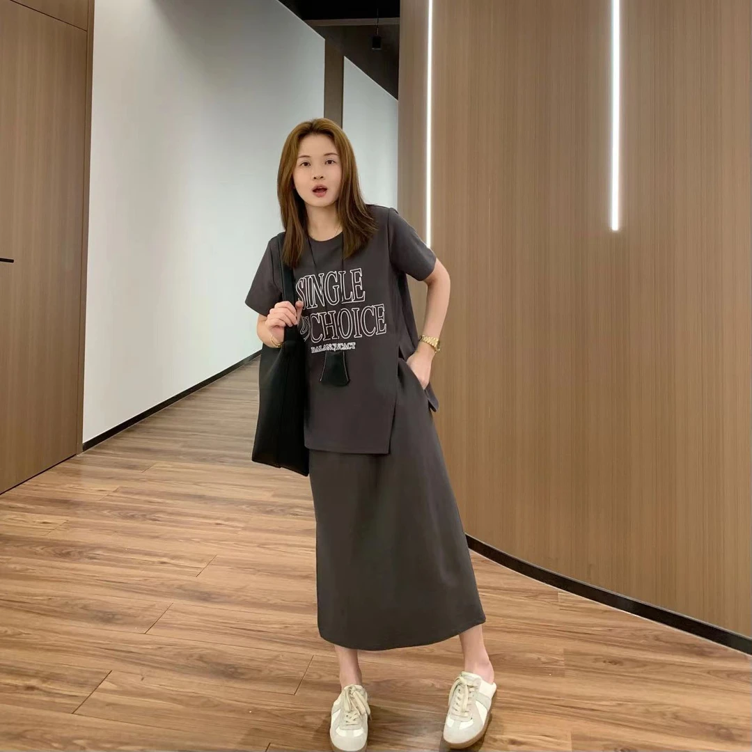 【折扣】YO定制韩系休闲百搭套装裙短袖T恤+松紧腰半裙两件套