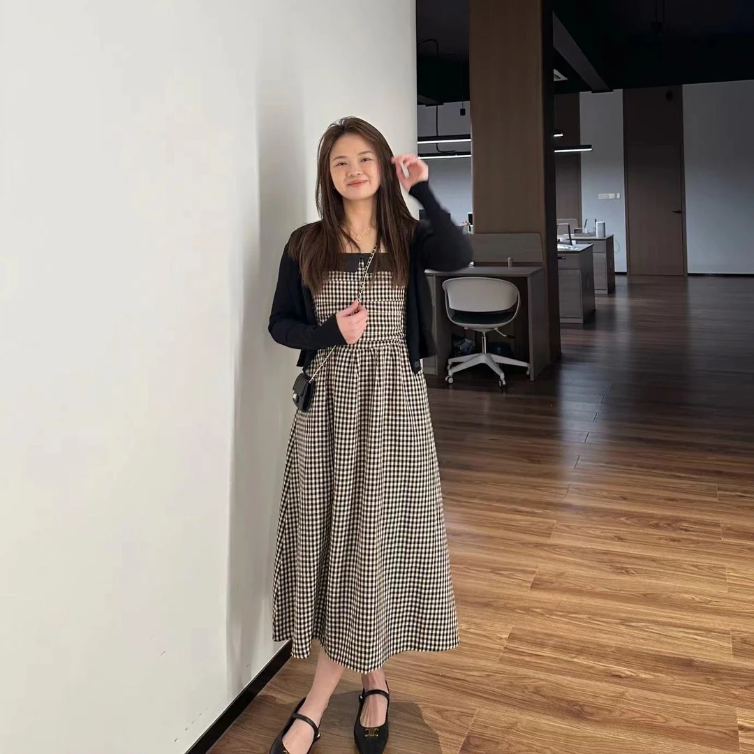 【折扣】YO定制韩系复古格子吊带连衣裙150矮个子显瘦压褶A字长裙