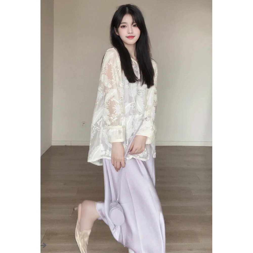 2024早春新中式女装国风时尚白色提花上衣衬衫吊带连衣裙两件套装