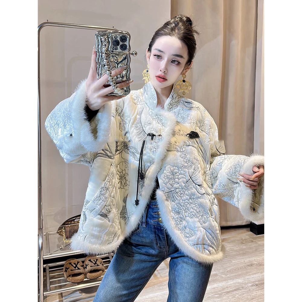 高级感小个子唐装新中式国风白色加绒夹棉外套棉服女秋冬2025新款