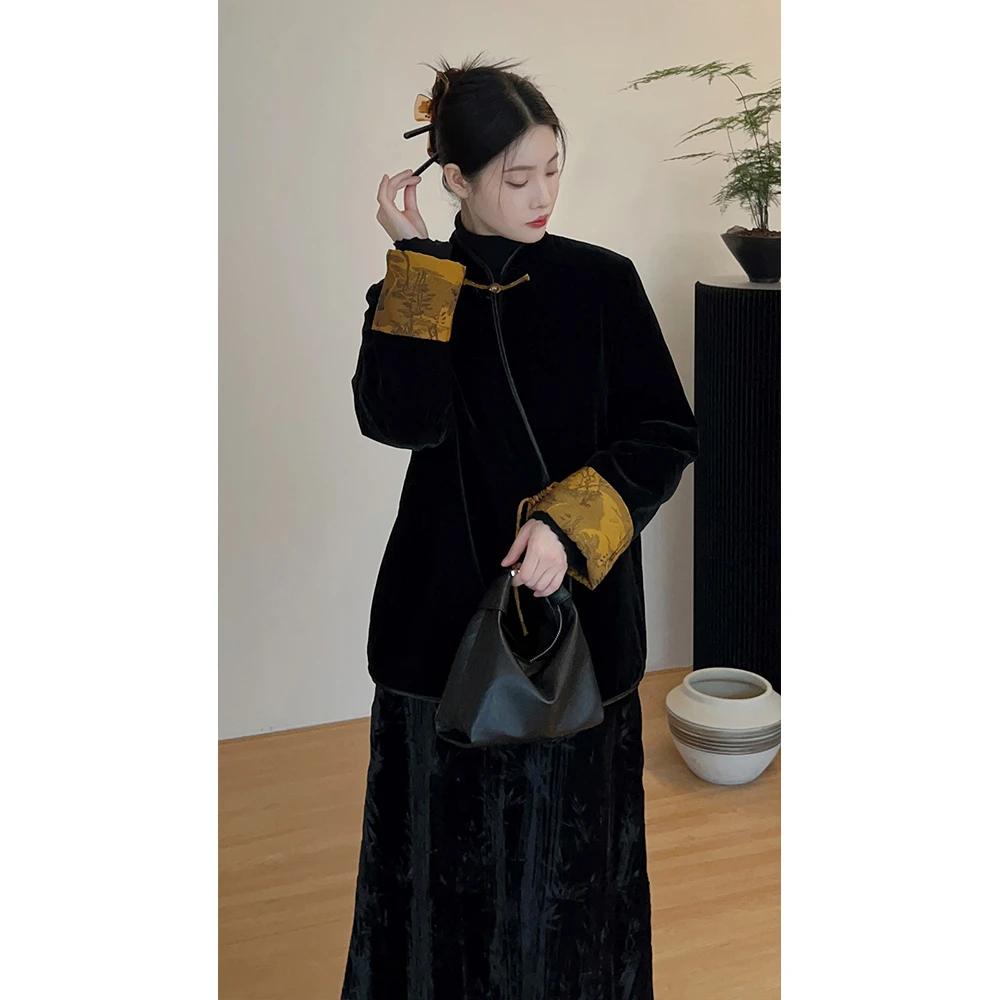 新中式女装国风黑色丝绒套装裙2025新款盘扣唐装夹棉加厚外套女冬