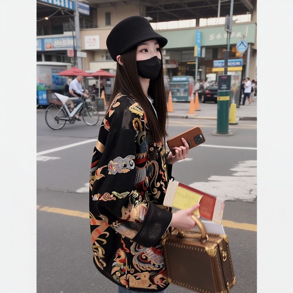 小众高级新中式女装国风唐装上衣黑色印花外套女秋冬2024新款爆款