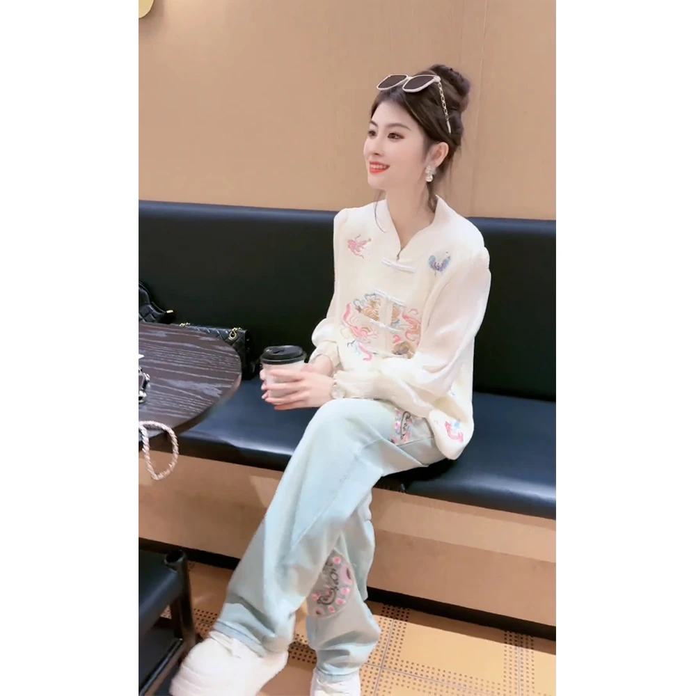 2025早春新款女装高级感小众新中式国风白色衬衫牛仔裤子两件套装