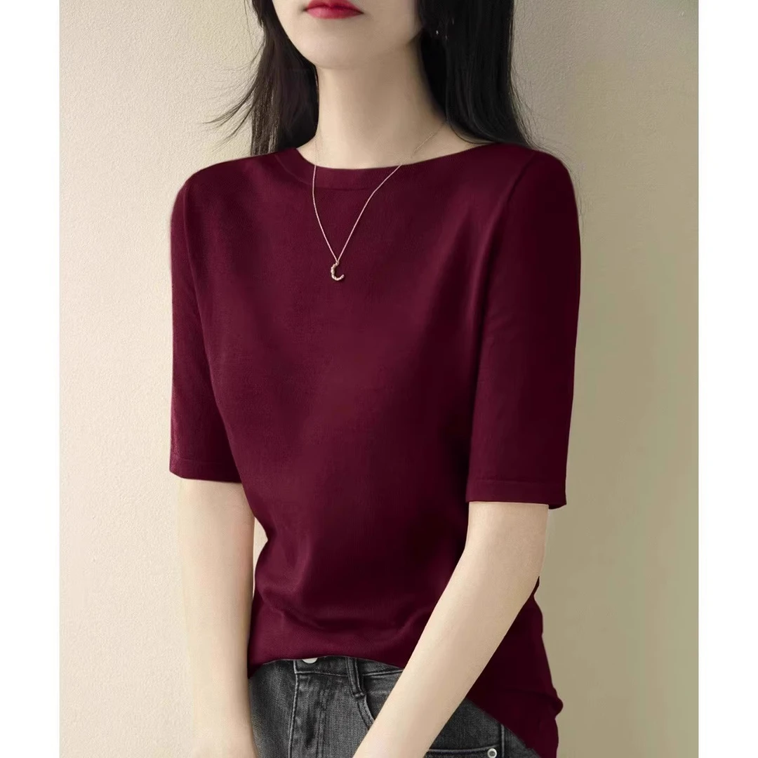 芯娇晴安可拉红短袖t恤女春秋季打底衫正肩一字领五分袖针织上衣