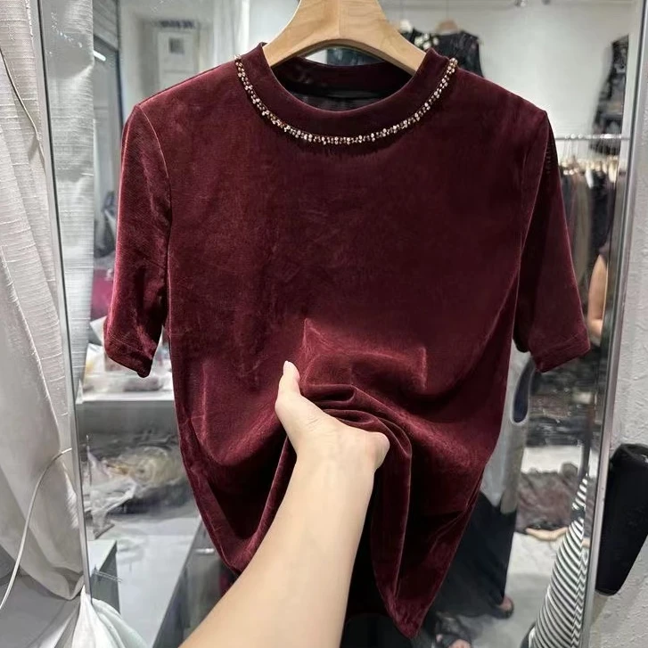 芯娇晴法式复古轻奢钉珠短袖T恤女2025秋季新款时尚修身显瘦上衣