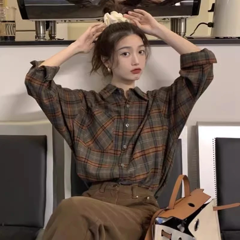 芯娇晴复古磨毛格子衬衫女2025春秋外穿宽松长袖衬衣休闲上衣外套