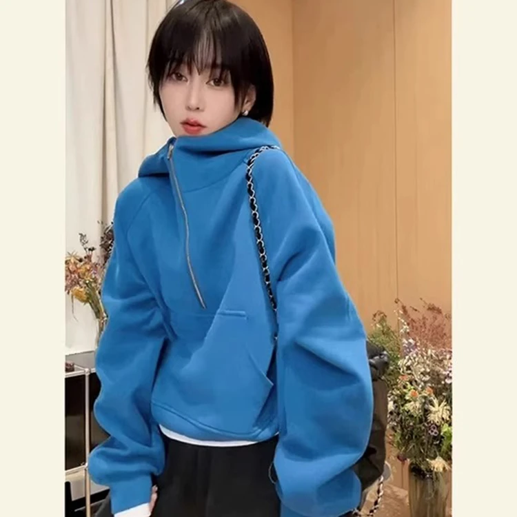 芯娇晴欧货蓝色连帽半拉链美式慵懒卫衣外套女2025春秋季新款爆款