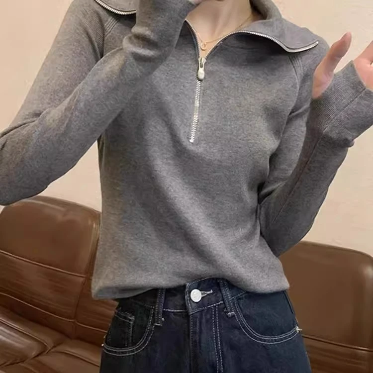 芯娇晴半拉链翻领灰色针织打底衫女秋季美式长袖内搭高领外穿上衣